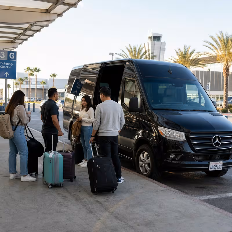 Group boarding a white charter bus for Airport Transportation transportation in Fontana