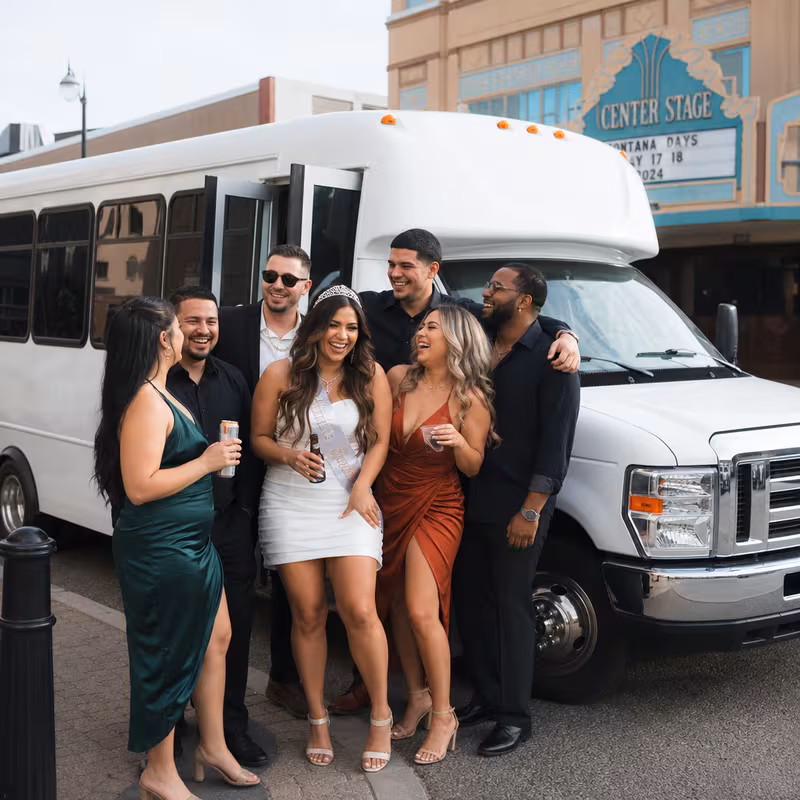 Black Mercedes Sprinter van staged for an Fontana Bachelor & Bachelorette Transportation group