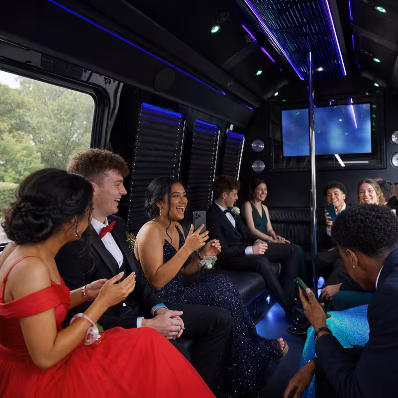 Black Mercedes Sprinter van staged for an Fontana Prom & Homecoming Transportation group