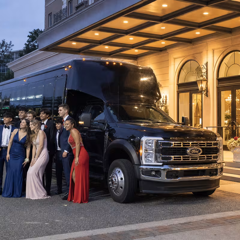 Party bus interior with wraparound leather seating and LED lighting in Fontana