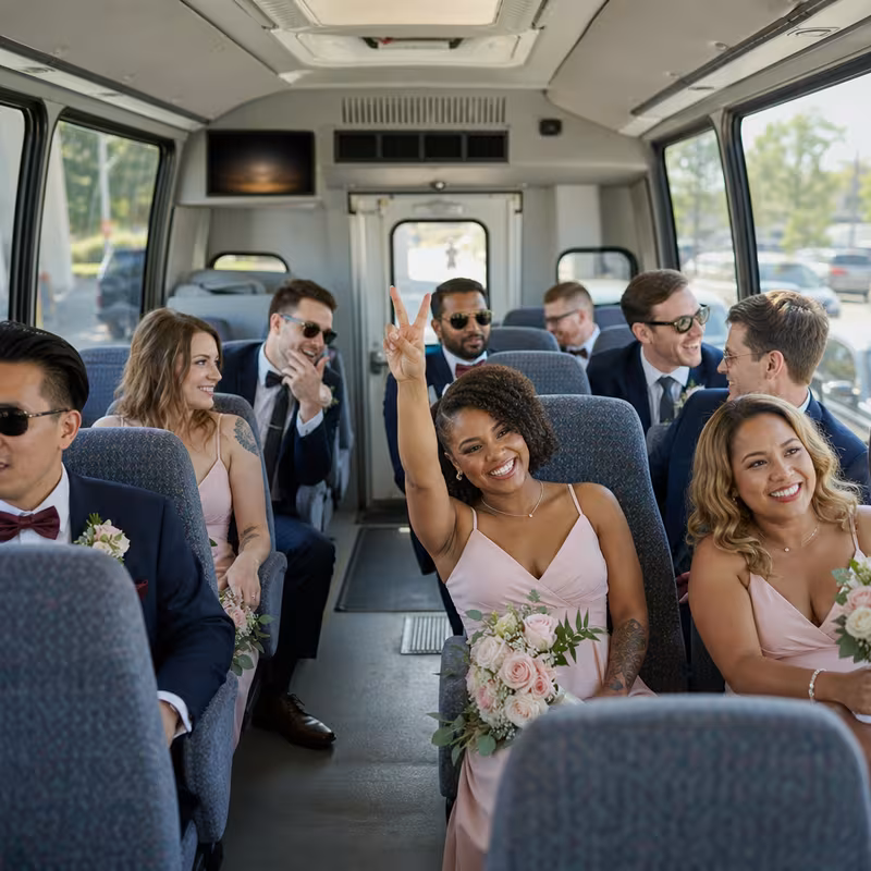 Group boarding a white charter bus for Wedding Transportation transportation in Fontana
