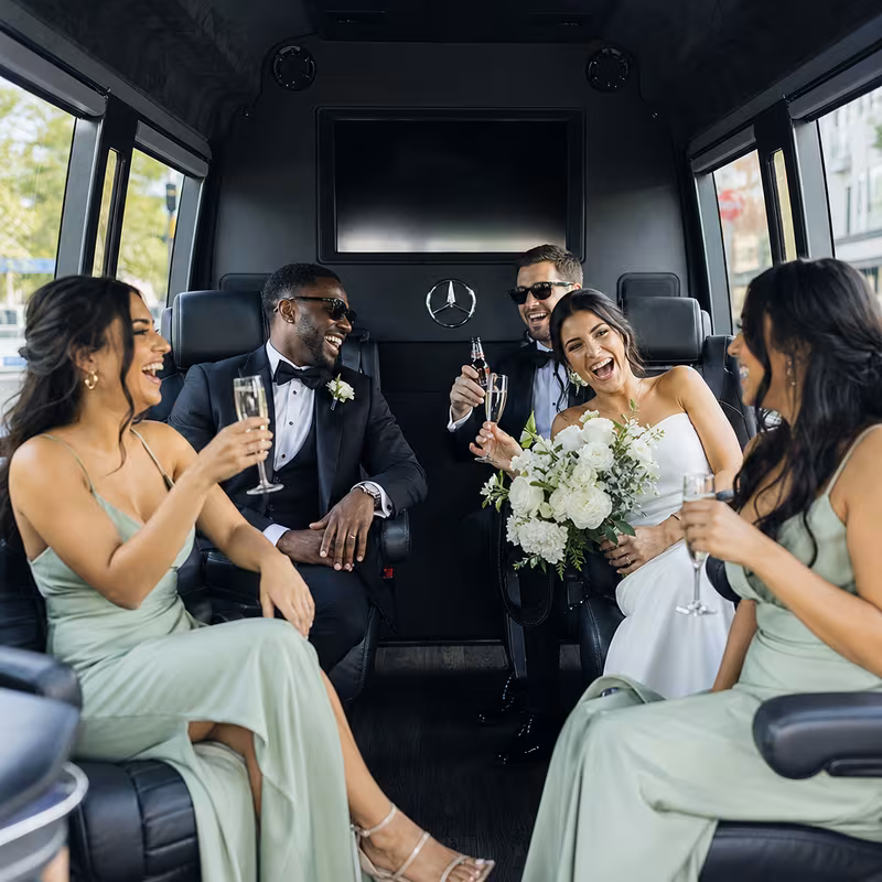 Black Mercedes Sprinter van staged for an Fontana Wedding Transportation group